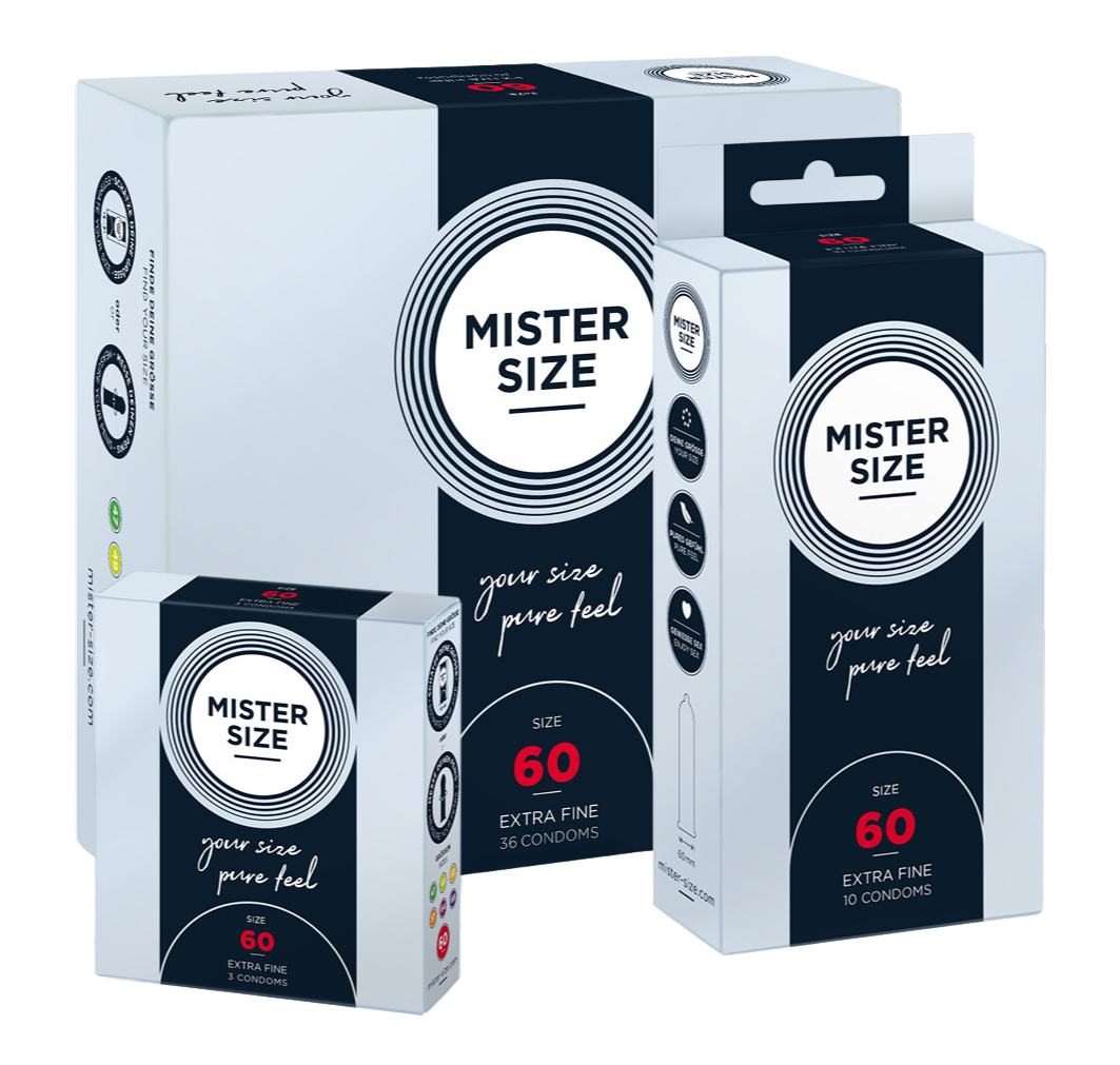 Tre forskjellige Mister Size-kondomforpakninger i størrelse 60